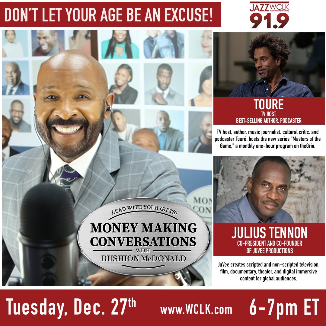 How do you win in media? Tune in! Best selling authors and producers break down their wins! @RushionMcDonald has a year ending conversation with @Toure and Julius Tennon on @Jazz919WCLKatl this evening at 6pm! #wclk #rushionmcdonald #newmoney