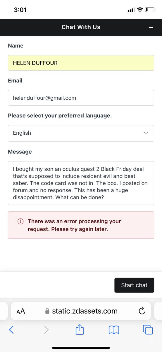 helenkiller's tweet photo. @MetaQuestHelp No support phone number to call, can’t send a chat message, posted in forum and crickets. I bought my son an Oculus that was supposed to come with Resident Evil &amp; Beat Saber. There were no codes in box. What can be done. This is ridiculous. https://t.co/LnNaLAjAIV