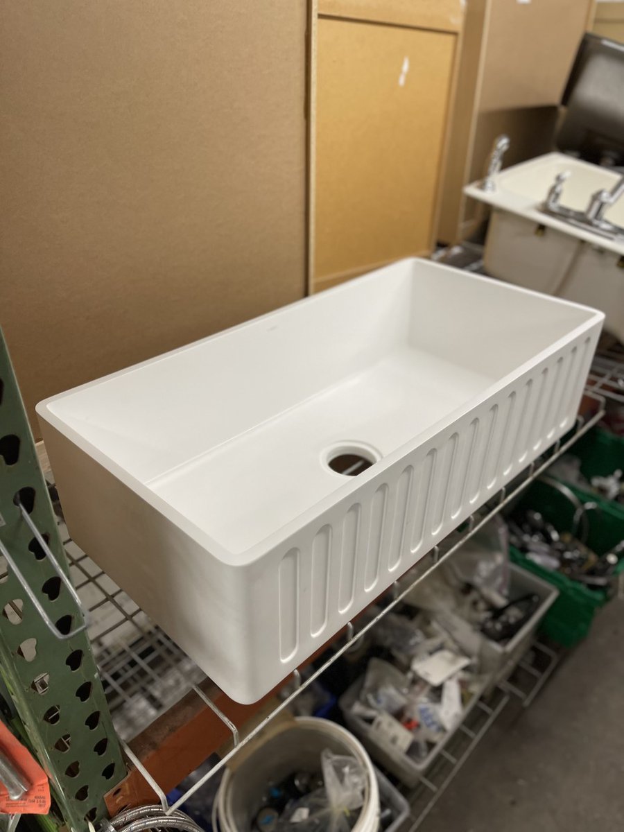 BuildingValue's tweet image. Classic 36” farmhouse sink from Vigo. This sink is made of Matte Stone which is stain/chip resistant. This hand-made sink is stronger than fireclay and ceramic. Reversible design allows either a slotted-front apron (pictured) or flat-front. Dimensions: 36” x 18” x 9.5”