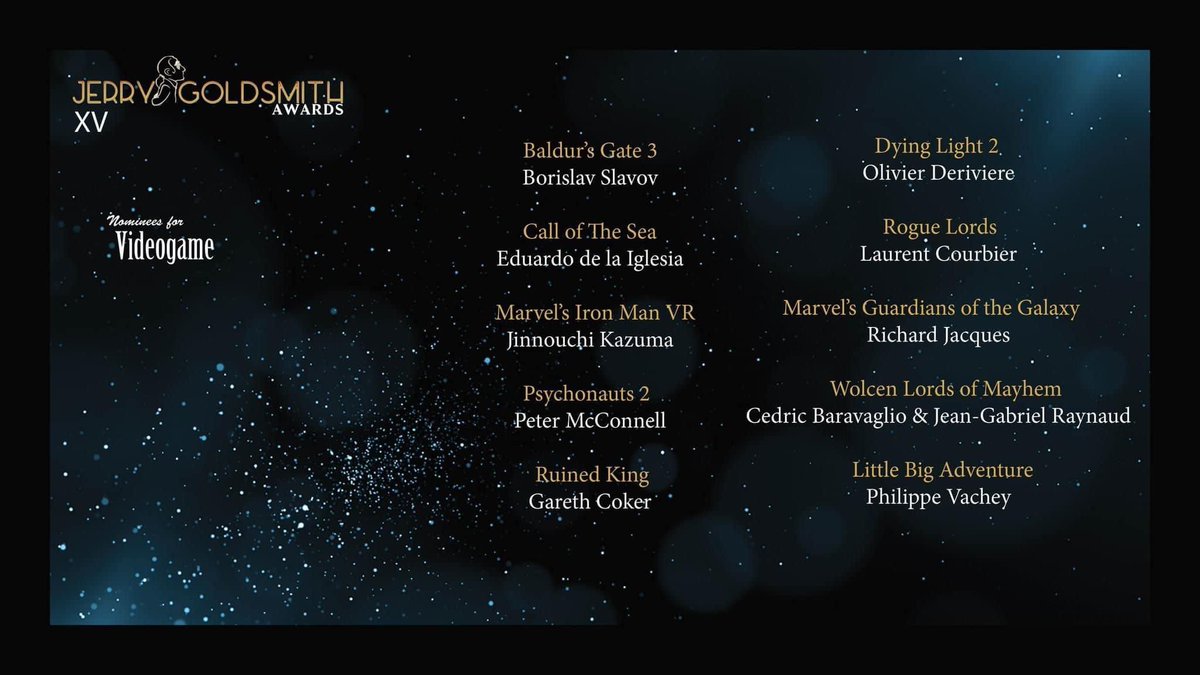 Many congratulations to <a href="/Richard_Jacques/">Richard Jacques</a>, <a href="/Borislav_Slavov/">Borislav Slavov</a>, <a href="/vaquedu/">Eduardo de la Iglesia (aka Duba)</a>, <a href="/kazjin2612/">Kazuma Jinnouchi | 陣内一真</a>, <a href="/PeterNMcConnell/">Peter McConnell</a>, <a href="/garethcoker/">Gareth Coker</a>, <a href="/oderiviere/">Olivier Deriviere</a>, <a href="/LaurentCourbier/">Laurent Courbier</a>, <a href="/BaraCedric/">Baravaglio Cédric</a>, <a href="/JG_Raynaud/">Jean-Gabriel Raynaud</a> and <a href="/PhilippeVACHEY/">Philippe VACHEY</a> on their recent Jerry Goldsmith Award <a href="/JGAwards/">JGAwards</a> nominations. ❤️🎮🎶