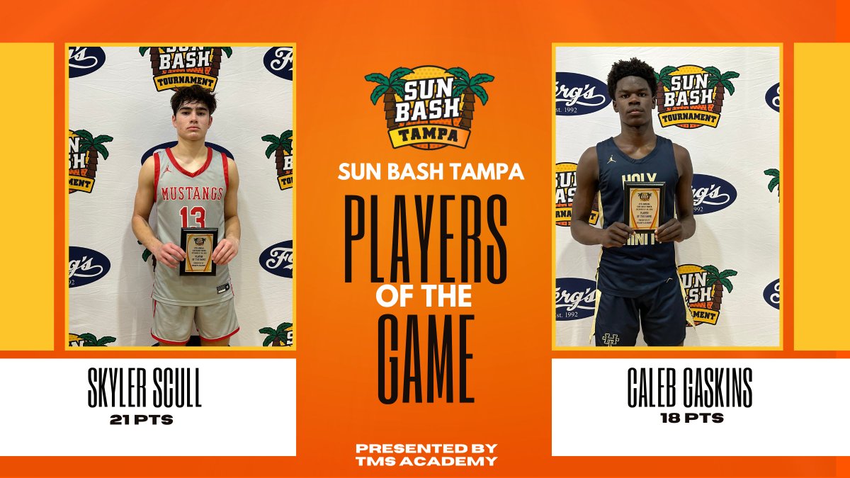 sunbashtourney's tweet photo. Game 4: #SunBash Tampa Players of The Game

Left: 2023 @ncsboysbball G Skyler Scull (21 pts)

Right: 2026 Holy Trinity G Caleb Gaskins (18 pts) https://t.co/yg6G6K31Xx