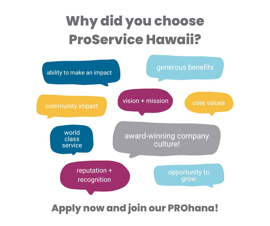 ProServiceHI's tweet image. There are many reasons why valued members of our #PROhana chose ProService Hawaii. Find yours and apply to one of our 40+ open positions: hubs.la/Q01wBpcn0.

#ProServiceHawaii #HR #HawaiiBusiness #CareerOpportunity #HawaiiCareers #HawaiiJobs