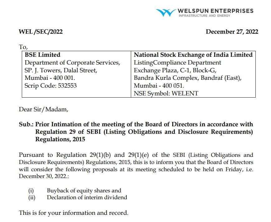 JRKResearchDesk's tweet photo. Welspun Enterprise Board to meet on 30 December for Buyback &amp; Interim Dividend https://t.co/XN4cJWzfh7