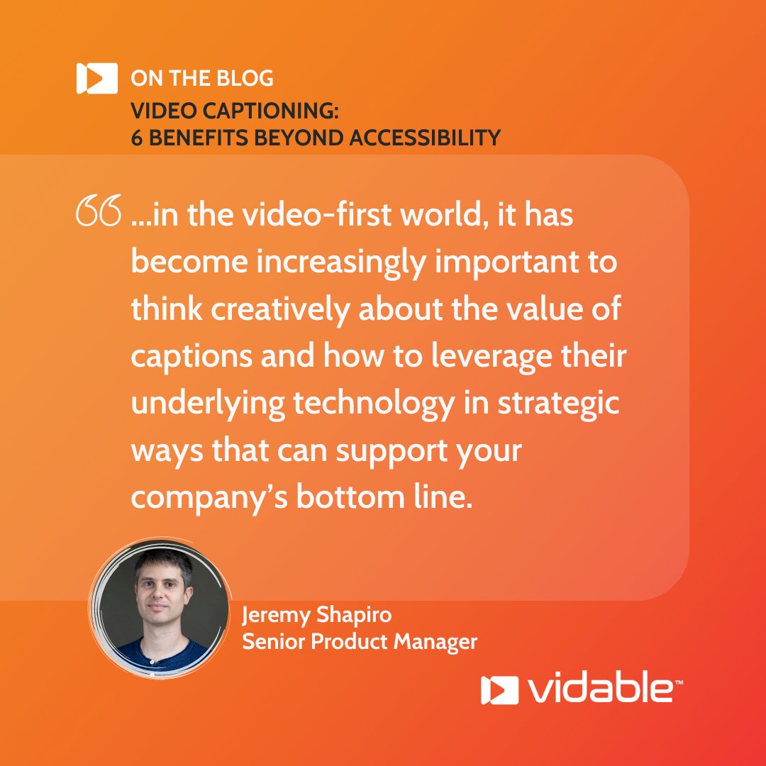 VidableAI's tweet photo. Video captions have far-reaching benefits. Senior Product Manager, Jeremy Shapiro, talks about 6 benefits of video captions beyond accessibility.
Read more at https://t.co/MOuNpkmo7w
#VidableAI #AI #Captions https://t.co/dUk6ZQF9Bw