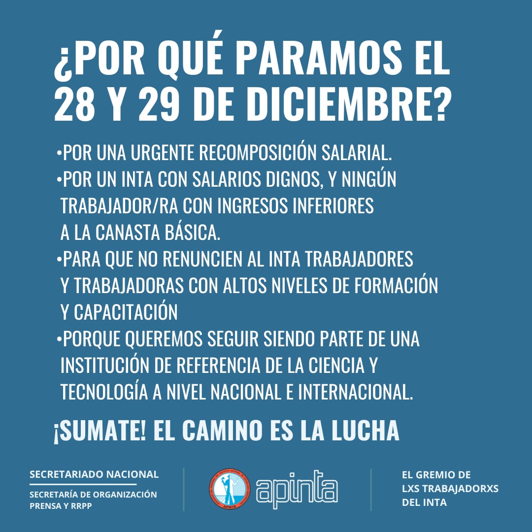 APINTA_Nacional's tweet photo. 🤔¿POR QUÉ PARAMOS EL 28 Y 29 DE DICIEMBRE?
#paro #48hs #inta #apinta #trabajadores #trabajadoras https://t.co/yZG7zo2fZO
