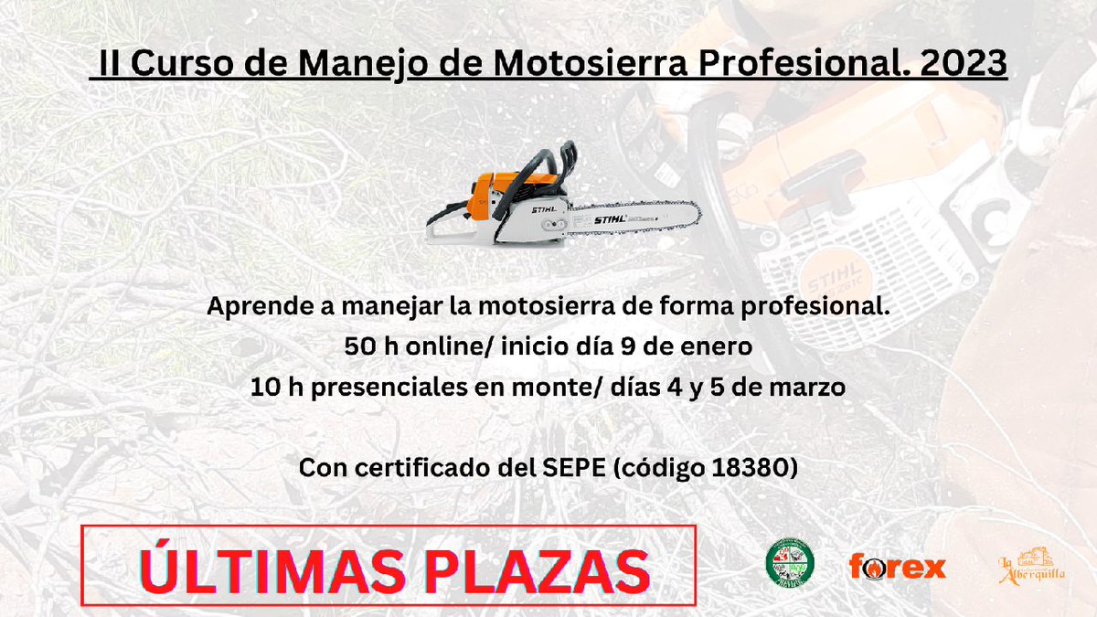 Previifor's tweet photo. ⚠️ Últimas plazas disponibles para el II  curso de manejo de Motosierra Profesional.
Apúntate en el siguiente formulario:

https://t.co/xc8i8rnazP https://t.co/K3N6e0YJHC
