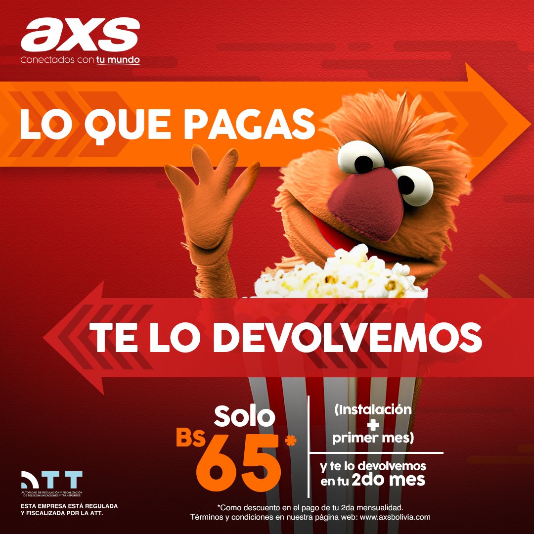 axsbolivia's tweet photo. Tus contenidos favoritos, tus programas de la infancia, tus gustos culposos, ¡disfruta de todos con AXS+! 📺🤩
👉 Solicita un plan de AXSNet o AXS+ por solo Bs 65 (instalación+primer mes) ¡y te los devolvemos en tu segunda mensualidad!
#ConectadosConTuMundo
#AXSNet
#AXSPlus https://t.co/u90lDUpy8Q