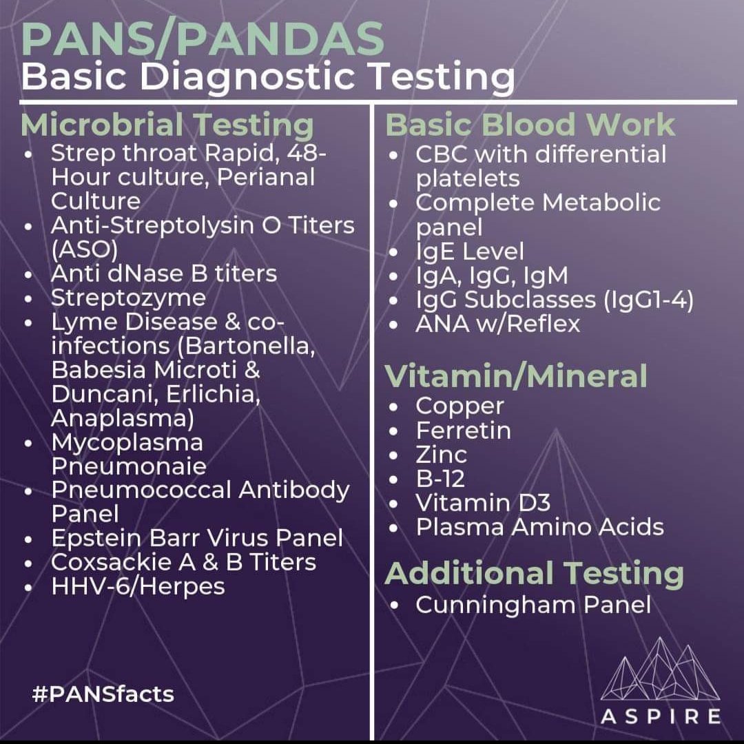 ASPIREpans's tweet photo. PANS PANDAS basic diagnostic testing.  There are additional tests depending on the doctor you are working with and nature of the patient's individual symptoms.

https://t.co/BMFogppqwU

#panspandas #pandaspans #ocd #anxiety #odd #adhd #agression #developmentalregression https://t.co/noG6kGvobe
