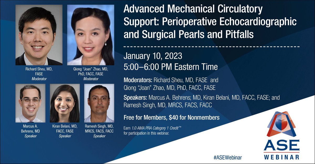 American Society of Echocardiography (@ase360) on Twitter photo The live webinar will be moderated by <a href="/RichardSheuMD/">Richard Sheu</a> and Qiong "Joan" Zhao, MD, PhD, FACC, FASE.
Our speakers will be <a href="/Behrens_MD/">Marcus Behrens, MD</a>, <a href="/kibelani/">Kiran Belani, MD, FASE, FACC</a>, and Ramesh Singh, MD, MRCS, FACS, FACC. Register here: bit.ly/3W1Y2A1 The live webinar will be moderated by <a href="/RichardSheuMD/">Richard Sheu</a> and Qiong "Joan" Zhao, MD, PhD, FACC, FASE.
Our speakers will be <a href="/Behrens_MD/">Marcus Behrens, MD</a>, <a href="/kibelani/">Kiran Belani, MD, FASE, FACC</a>, and Ramesh Singh, MD, MRCS, FACS, FACC. Register here: bit.ly/3W1Y2A1