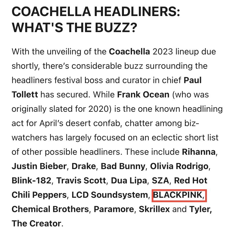 BBU_BLACKPINK's tweet photo. #BLACKPINK was mentioned as one of the possible HEADLINERS at the 2023 COACHELLA by @HITSDD 

source🔗 https://t.co/OfCOZ3EOcF
#BLACKPINK @BLACKPINK https://t.co/j8ctHXSolU