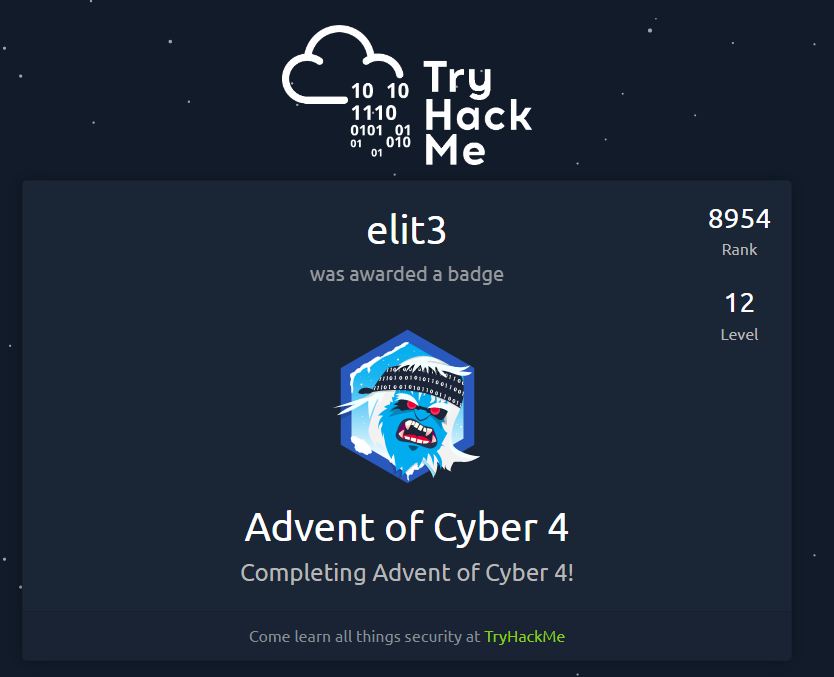 theimmortaljd's tweet image. 🎄Merry Christmas🎄and job well done to @RealTryHackMe  for another superb AoC! 

Special thanks to @InsiderPhD @_JohnHammond @Alh4zr3d for their videos! Don&apos;t forget to grab your certs!

 #adventofcyber #AdventOfCyber4 #tryhackme