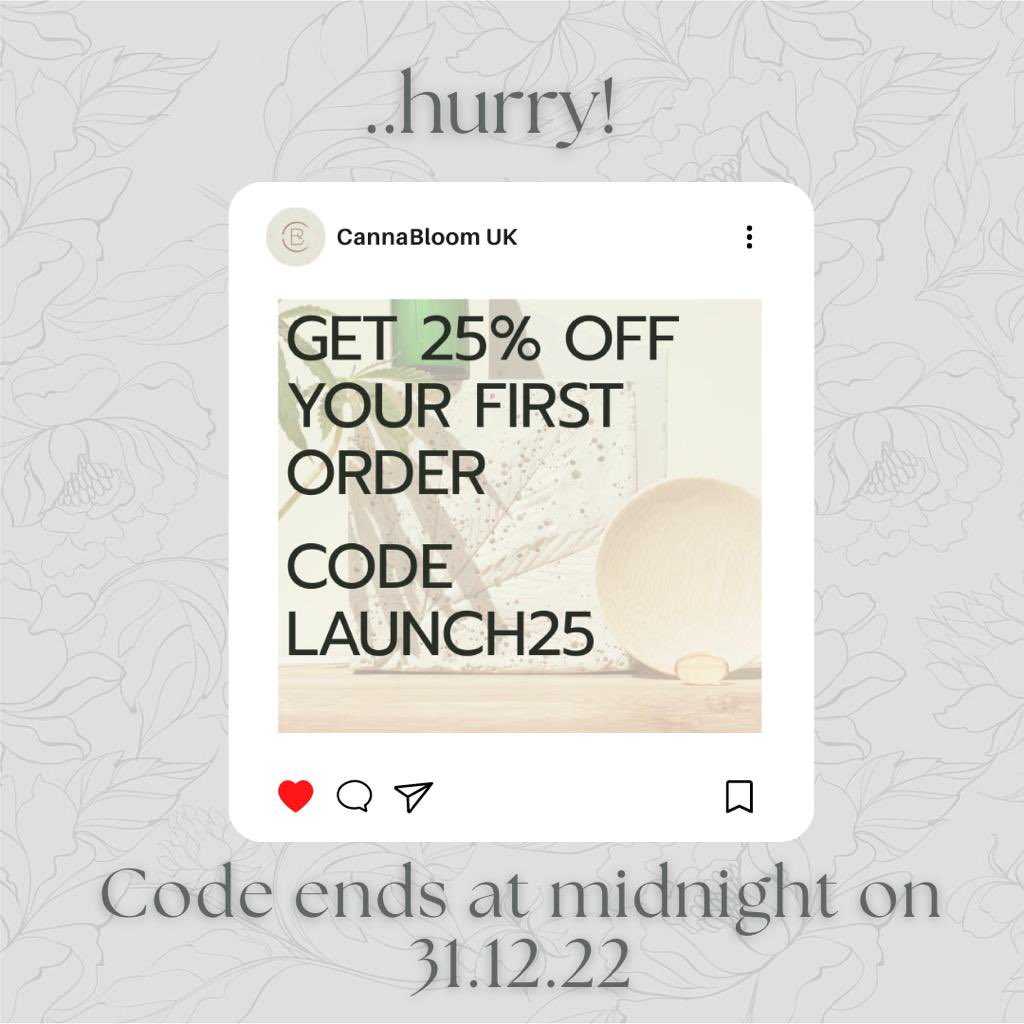 cannabloomuk's tweet photo. Only a few days left to take advantage of our launch offer. 25% off your first order when you use code Launch25. This offer ends at midnight on NYE #cannabloomuk #cbd #cbdwellness #onlinestore #cbdstore #cbdcoffee #cbdoil #cbdgummies #cbddrinksforhealth #cbdmassagetherapy https://t.co/U7Wo9khzyx
