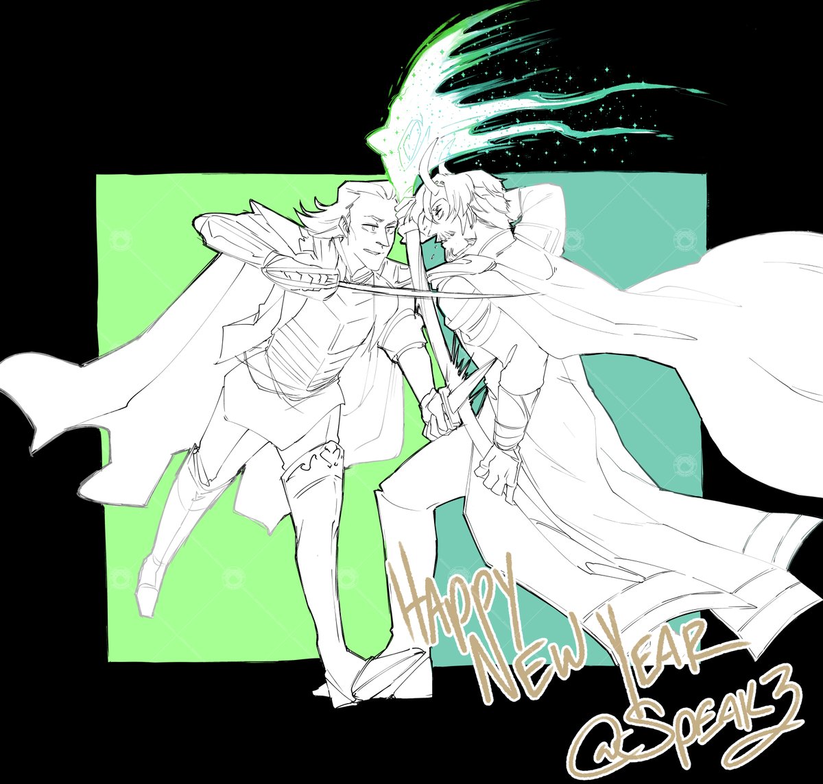 Speakington's tweet photo. -🐍🎉✨-
Refused to draw feet in may and now im like "eehh yeah i guess those are feet and legs suuuureeee"
IDK. I gotta deal with end of the year BS for work so this is probably my last scribble of the year. 
#dashingfrost #fandroki #loki #fandral https://t.co/JlWvLPvxmh