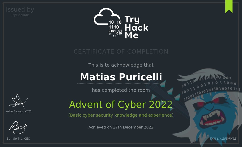 MatiasPuricelli's tweet photo. #tryhackme  #adventofcyber a great experience!! Thank you THM for this! https://t.co/bRONXwPNUr
