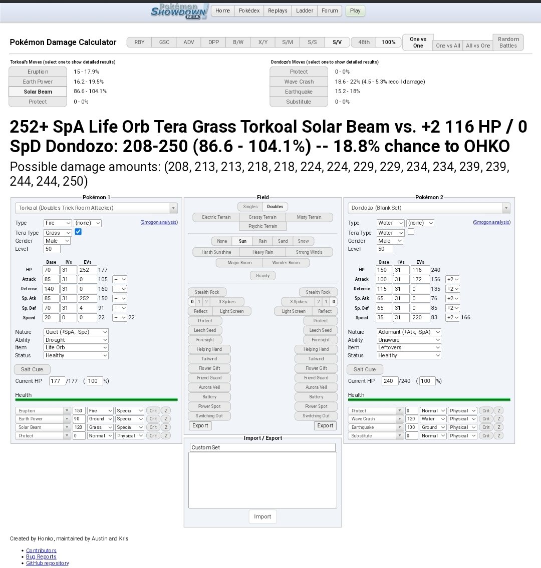 NUTSOFODEN's tweet photo. @CybertronVGC One Tera Combination I've been looking at since I heard about it is Solarbeam Torkoal. 
Got around to running a Calc on it, used the Dondozo set from your video, and while its not a guaranteed OHKO even 86% on one of the format menaces seems pretty solid to me. https://t.co/vWz3KUcmJw