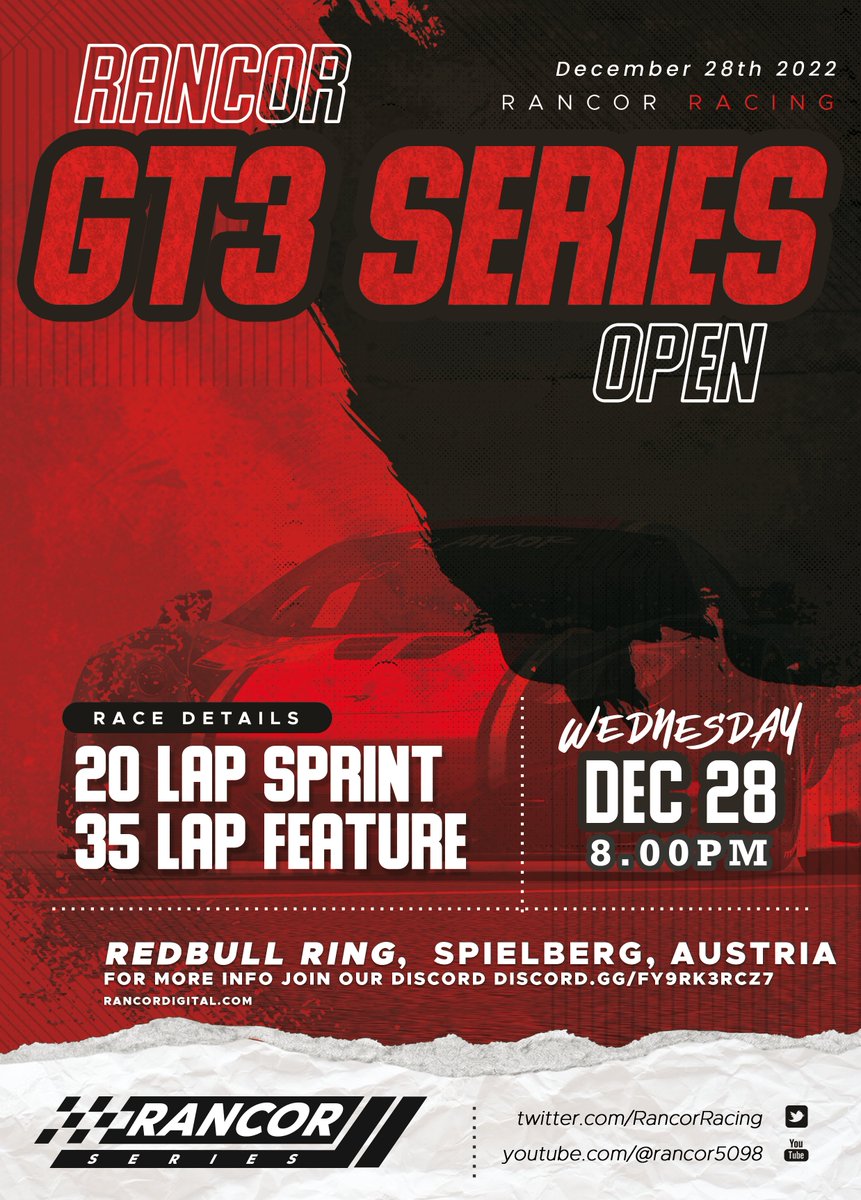 We're running an Open Race session as we prepare for our first #IRacing #GT3 Season! Feel free to join us on Wednesday night at 8pm EST | 5pm PST!

Join our discord for more details!
discord.gg/FY9rk3rcz7