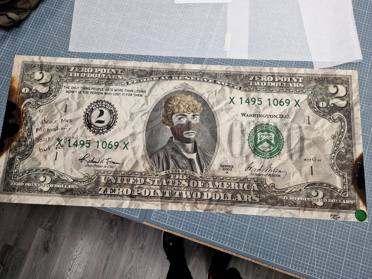 RTrixson's tweet image. signed, stamped and gtg 📦. dem $.2 fine art prints are top fkn notch. do you have yours mfer ?  #oldmoney #point2 #bills