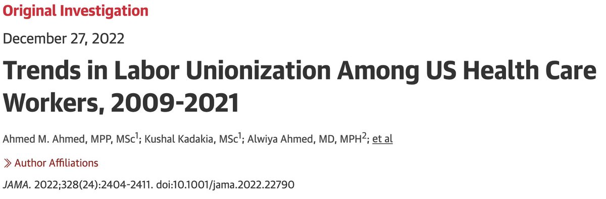 Do health care workers benefit from unionizing? 

I asked myself this nearly 2 years ago and wanted to investigate. 

Today, that investigation was published <a href="/JAMA_current/">JAMA</a> . Short 🧵.