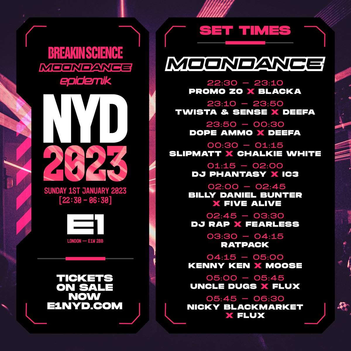 Moondance arena set times announced for NYD! Final chance for tickets: deftickets.co.uk/events/4407824…
 <a href="/djrap/">djrap</a>
<a href="/RatpackUK/">RatPack</a>
<a href="/Slipmatt/">Slipmatt</a>
<a href="/djphantasy/">DJ PHANTASY ⭐️⭐️</a>
<a href="/KennyDJKen/">Kenny Ken</a>
<a href="/DJBillyBunter/">BILLY DANIEL BUNTER</a>
<a href="/nickyblkmkt/">nicky blackmarket</a>
<a href="/UncleDugs/">Uncle Dugs</a>
<a href="/ShimonAudioporn/">Shimon Audioporn</a>
<a href="/DopeAmmo/">Dope Ammo / D A Connekt</a>
<a href="/thedjsense/">Sense(UK)</a>
<a href="/dj_twista/">DJ Twista</a>
<a href="/PromoZO/">PROMO ZO</a>