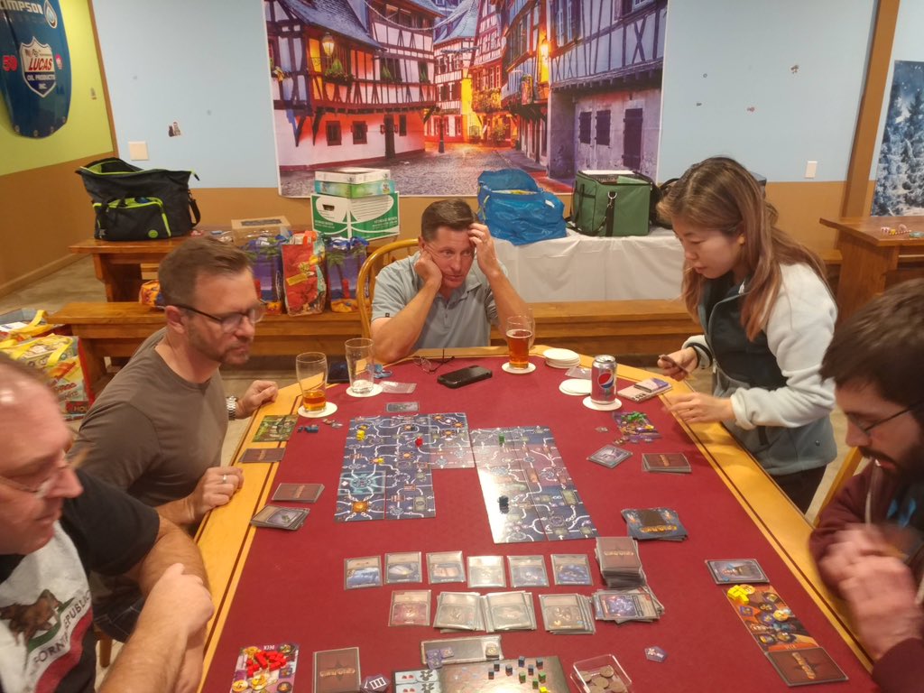 BoardGameBloke's tweet photo. Monday night  #VCSBG #boardgames &amp; #CraftBeer. As requested Brass Birmingham hit the table. #MartinWallace is such an evil #boardgame designer. In a nice way. I came last 😐
Other folks played Clank Catacombs, Cat in the Box, Manhattan Project etc while we played Brass Brum. https://t.co/pnpdgS8tJD