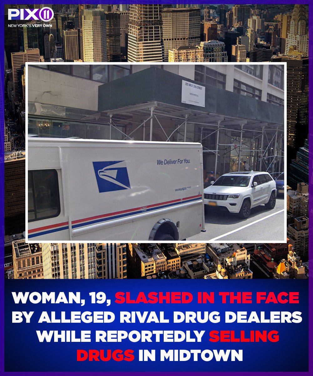 PIX11News's tweet photo. A 19-year-old woman was slashed in the face while allegedly selling drugs in Manhattan, police said.

The woman and her boyfriend were allegedly selling drugs from a table outside 235 West 37th St. when they got into a fight with another group of dealers. https://t.co/VrVXRef9vo