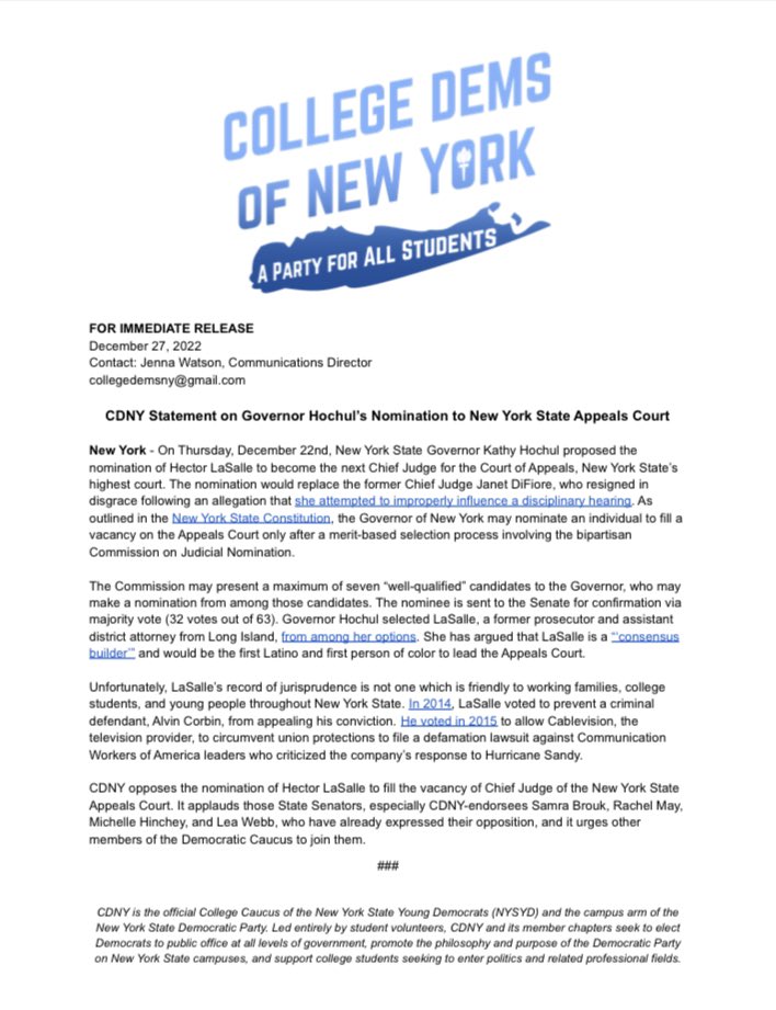 🚨 CDNY Press Alert: Statement on Governor Hochul’s Nomination to New York State Appeals Court