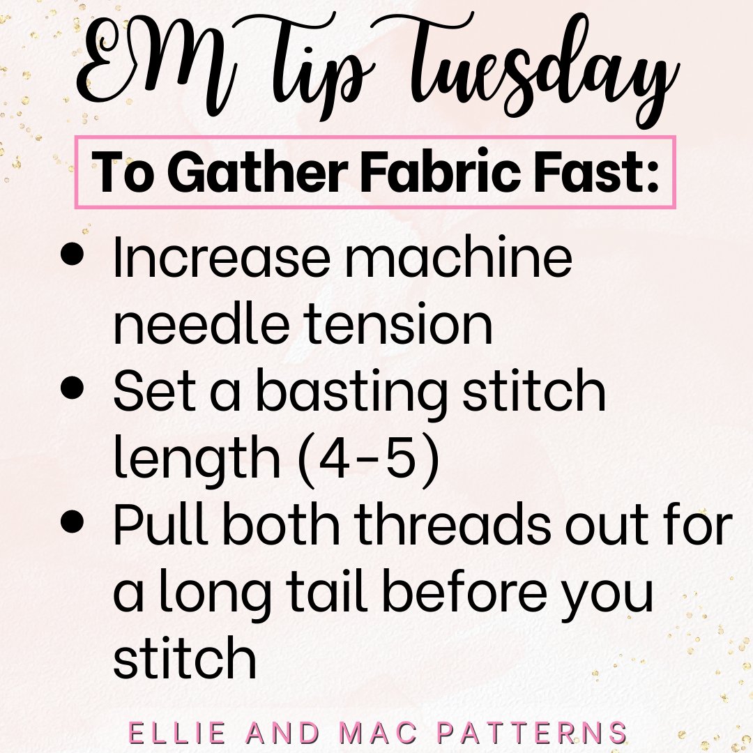 Ellieandmac's tweet photo. ⭐Try this on a sewing machine.✨You can play with the needle tension number (I like 7-8)⭐Meet us back here each Tuesday for a fresh new tip! #ellieandmac #ellieandmacpatterns #emtiptuesday #gathering #gatheringfabric #sewingtip #sewingtipsandtricks #sewingtechniques #sewing https://t.co/2QT1mKpi4E