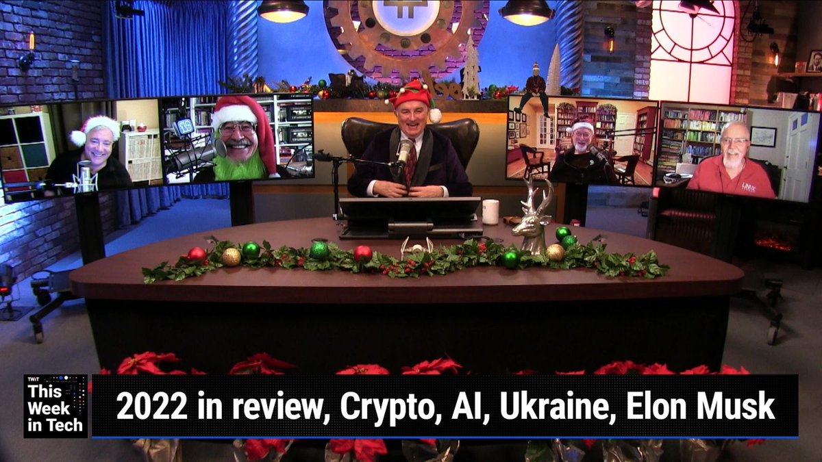 TWiT's tweet photo. Listen to this awesome year-end episode of #TWiT as @LeoLaporte, @Thurrott, @SGgrc, @JeffJarvis, and @DSearls look back on 2022 and discuss the #AI revolution, #techworker layoffs, and more. Hear the latest #technews, and #subscribe: https://t.co/V5IP4AxuhA https://t.co/vBweCi9FVN