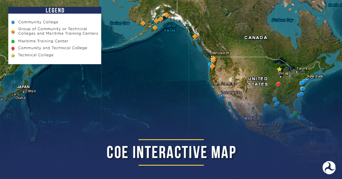 DOTMARAD's tweet photo. MARAD developed the CoE Program to support maritime workforce training and education through recruitment and training, creating new maritime pathways and awarding credit to students for prior experience. 

Interactive map: https://t.co/vCmYidAgBJ.

#MaritimeWorkforce https://t.co/tJWOW08Ipf