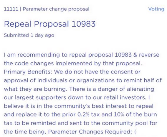 traderrocko's tweet photo. 🚨BREAKING: Proposal 11111 to repeal minting 50% of burnt token has been passed! I believe after this proposal Binance will carry on supporting the #LunaClassic community with their monthly $LUNC burns 🔥🔥🔥 https://t.co/YjW9L1M1k7