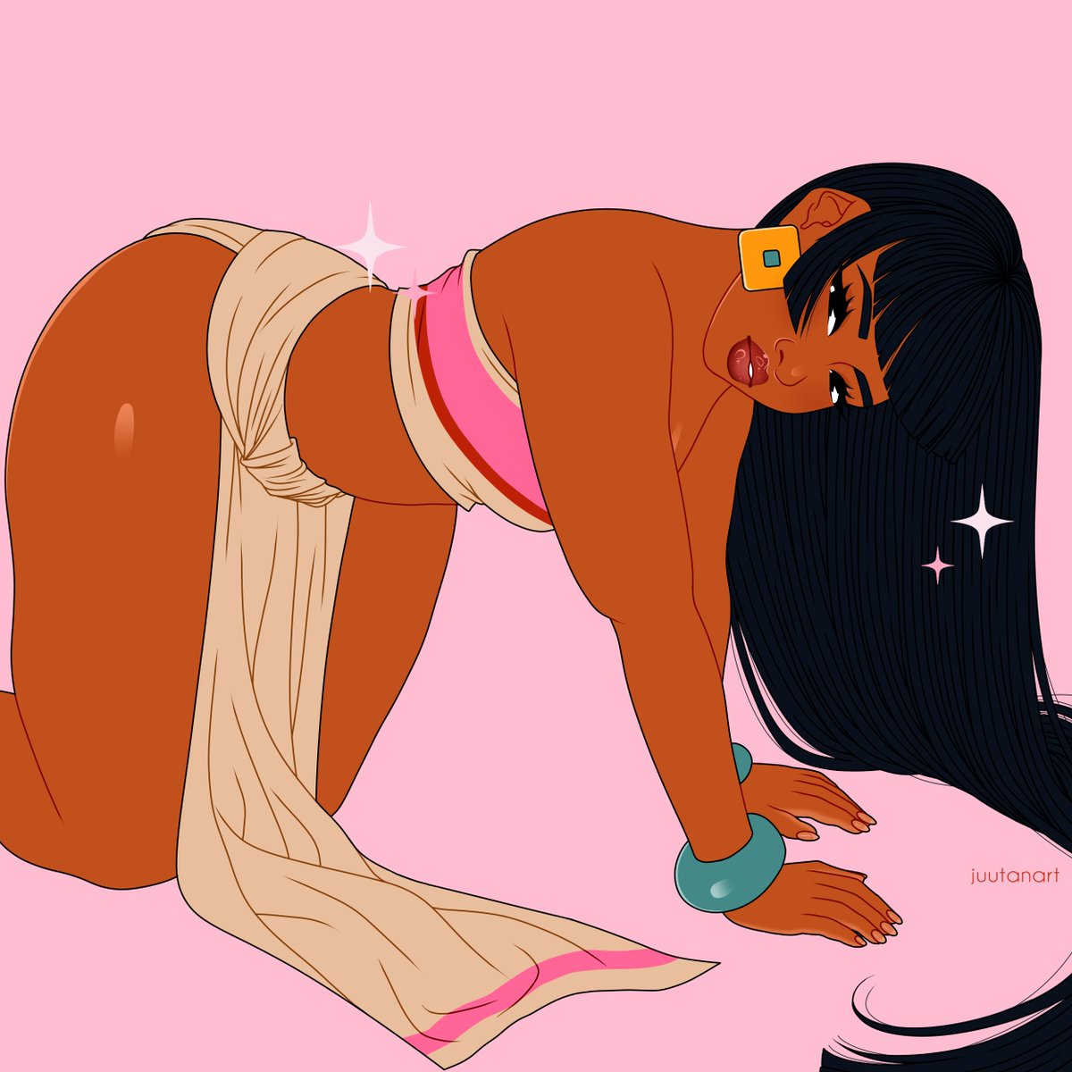 1girl solo tube top dark skin long hair dark-skinned female black hair  illustration images