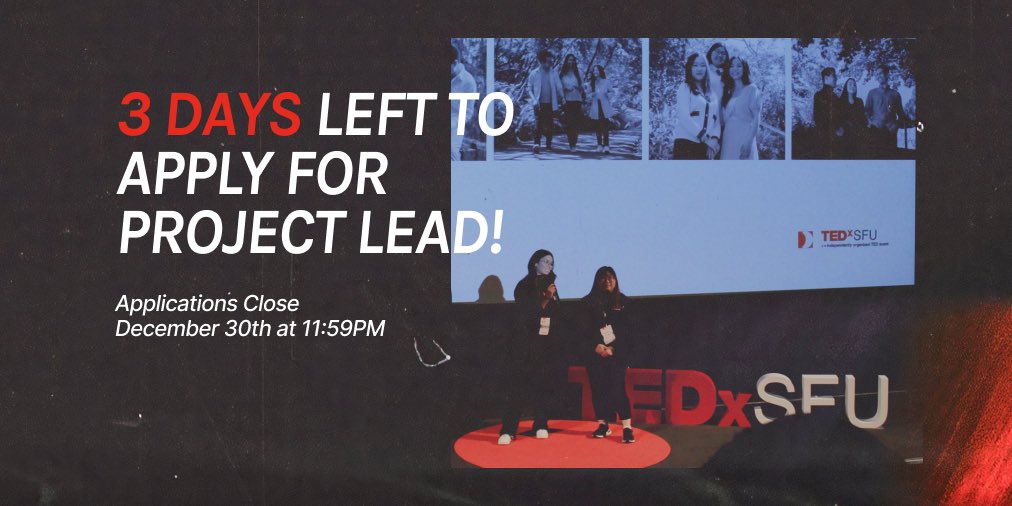 Our Project Leads hiring is still open! 📣 Don’t miss out on this opportunity to learn, grow and manage a 20 person team Apply now to be a Project Lead for the TEDxSFU 2023 Conference at linktr.ee/tedxsfu. Applications close Dec 30th at 11:59 pm ⏰ #TEDxSFU #TEDx #SFU