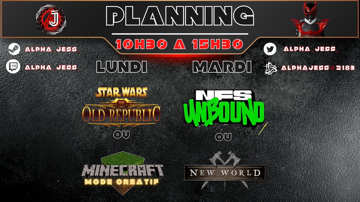 Alpha_Jess_'s tweet photo. 🔴Yo la Team !! Je suis désolé de ne pas avoir su Stream lundi et mardi, j'avais besoin de repos pour la reprise du taff ce mercredi. 
⚠️ Je ne vous abandonne pas , au contraire voici le nouveau planning ci dessous ⬇️. Passez de très bonnes fêtes de fin d'année !! ❤️🔥
La bizz ! https://t.co/I055HqNIyT