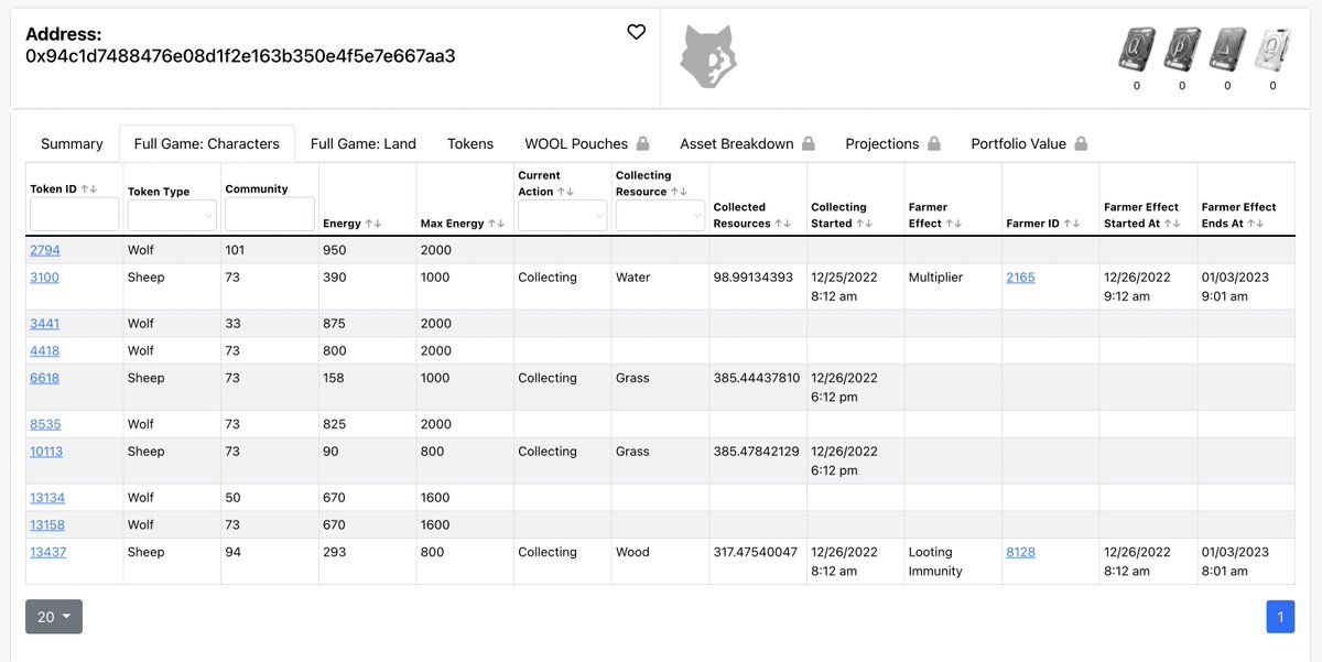 Full Game Data - For the address(es) you're viewing you'll now see:

"Characters" tab - Stats for tokens currently in the game 
"Land" tab - Stats for all buildings

Multi-address feature for one centralized view across all addresses:
tinyurl.com/3w4juaj2