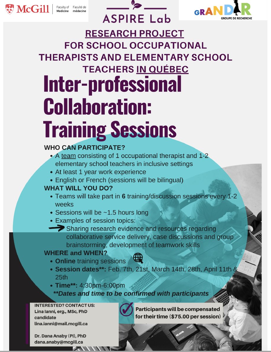 ASPIRE Lab (@aspire_lab) on Twitter photo We are looking for Quebec school-based OTs and teachers for a research study on collaborative practices to support elementary students with special needs done with the <a href="/ASPIRE_Lab/">ASPIRE Lab</a> and the @GRANDIR research group!
<a href="/dana_anaby/">Dana Anaby</a> <a href="/ChantalCamden/">Chantal Camden</a> <a href="/linian2020/">Lina</a>
See 👇 for more info! We are looking for Quebec school-based OTs and teachers for a research study on collaborative practices to support elementary students with special needs done with the <a href="/ASPIRE_Lab/">ASPIRE Lab</a> and the @GRANDIR research group!
<a href="/dana_anaby/">Dana Anaby</a> <a href="/ChantalCamden/">Chantal Camden</a> <a href="/linian2020/">Lina</a>
See 👇 for more info!