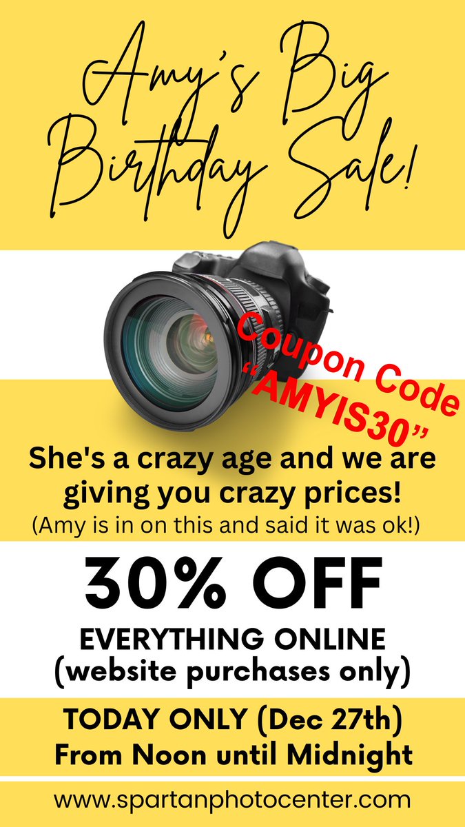SpartanPhoto's tweet photo. Today ONLY!

AMY is 30 Birthday Sale!  Get 30% OFF anything on the website until midnight! https://t.co/OHbqzkX0UB