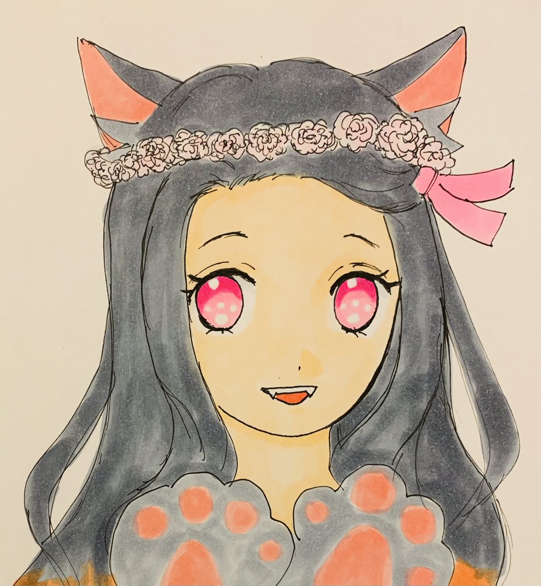 kamado nezuko 1girl solo animal ears cat ears fangs pink eyes pink ribbon  illustration images