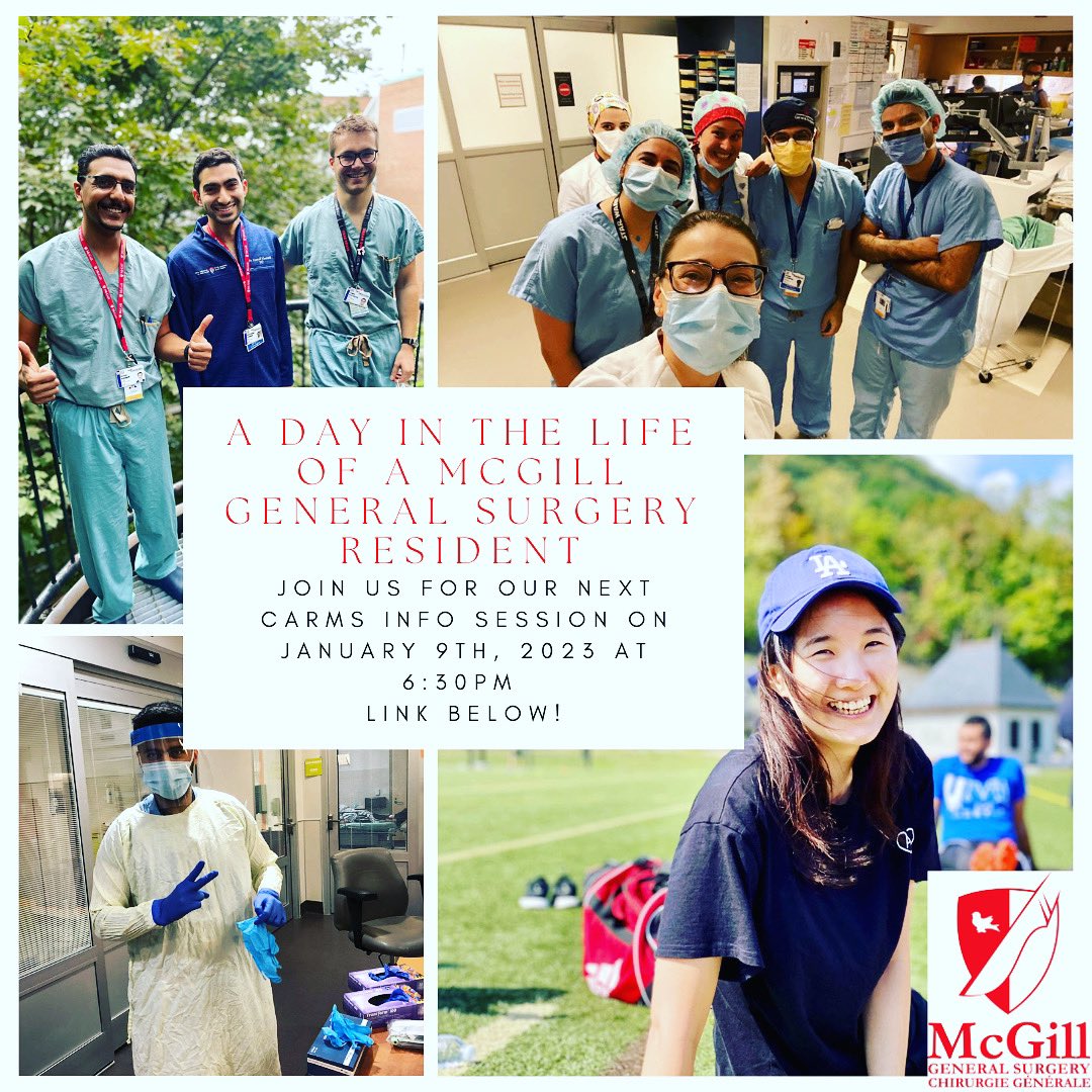 Who’s excited for #CaRMS2023?
Come see what a day in the life of a McGill general surgery resident is like at our next info session!

Register here: mcgill.zoom.us/meeting/regist…