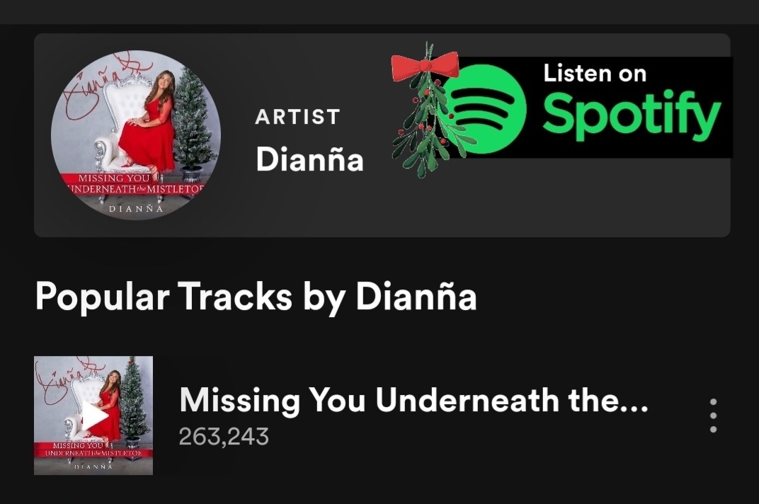 Thank Y'all so much for enjoying #missingyouunderneaththemistletoe @Spotify @AppleMusic @youtubemusic and other music platforms!🌲 #Dianña #dianñacountry #diannacountry #holidaymusic #Christmas #support