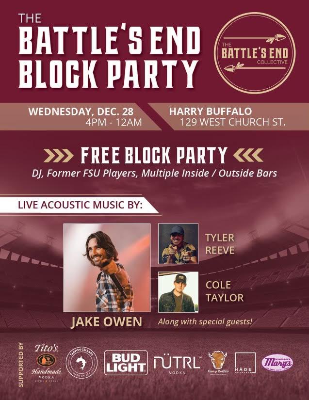 #Noles and #Sooners fans! Party on Church in ORL (Dec. 28) presented by <a href="/TheBattlesEnd/">The Battle's End</a>:

✔️ <a href="/jakeowen/">Jake Owen</a>, <a href="/tylerreeve/">Tyler Reeve</a>, &amp; <a href="/coletaylorlive/">Cole Taylor</a> 🎸
✔️ Meet and Greet The Osceola Staff (2-6 PM at Haos on Church)
✔️ Great food, drinks and meet former #FSU players