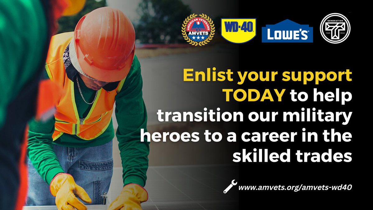 AMVETSHQ's tweet photo. Supporting veterans in the "Troops to Trades Dollar for Dollar" match will provide #veterans and their families the opportunity to pivot into the skilled trade industry. 

Learn more 🔧 https://t.co/msg7ry4PdM https://t.co/4W31EDZGAA