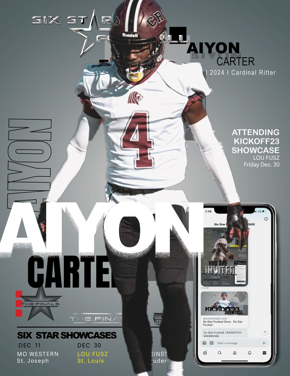 6starfootballMO's tweet photo. KICKOFF23 SHOWCASE  | Aiyon Carter

5’9, 160   |  WR  |  2024 |  Cardinal Ritter |  
@acarter3__

▪️Excited to announce rising 2024 Aiyon Carter  will be attending the Kickoff23 Showcase!

📆 Dec 30
📍 Lou Fusz (Indoor)

💥Still time to get in and compete!
https://t.co/wxeKRPIBkJ https://t.co/5D8Q1Xsfwk