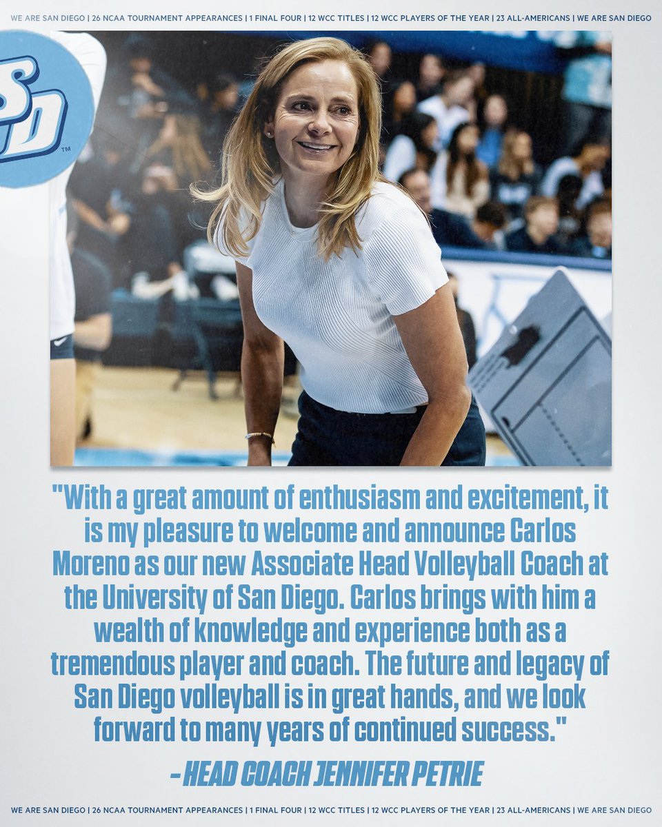 USDVolleyball's tweet photo. From head coach Jennifer Petrie and new associate head coach Carlos Moreno:

#GoToreros https://t.co/1wxd2oj6oo