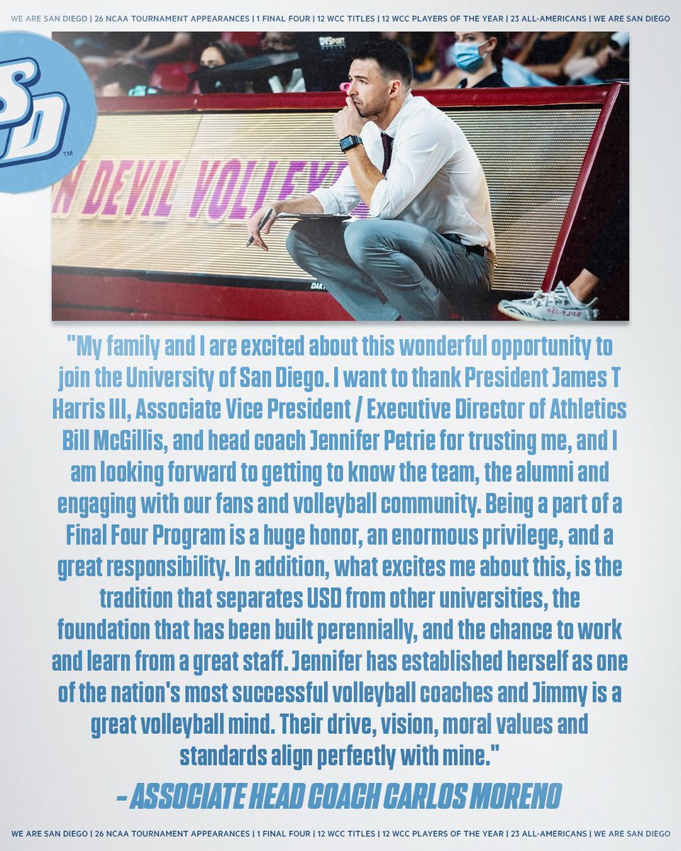 USDVolleyball's tweet photo. From head coach Jennifer Petrie and new associate head coach Carlos Moreno:

#GoToreros https://t.co/1wxd2oj6oo