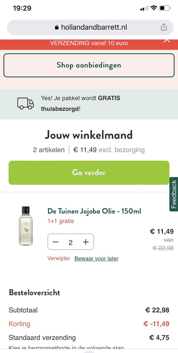 visserli's tweet photo. @HB_Nederland er wordt aangegeven gratis verzending boven 10 euro. Maar dat wordt bij bestellen niet juist verwerkt. Hoe nu verder? https://t.co/Q8XoBJONwi