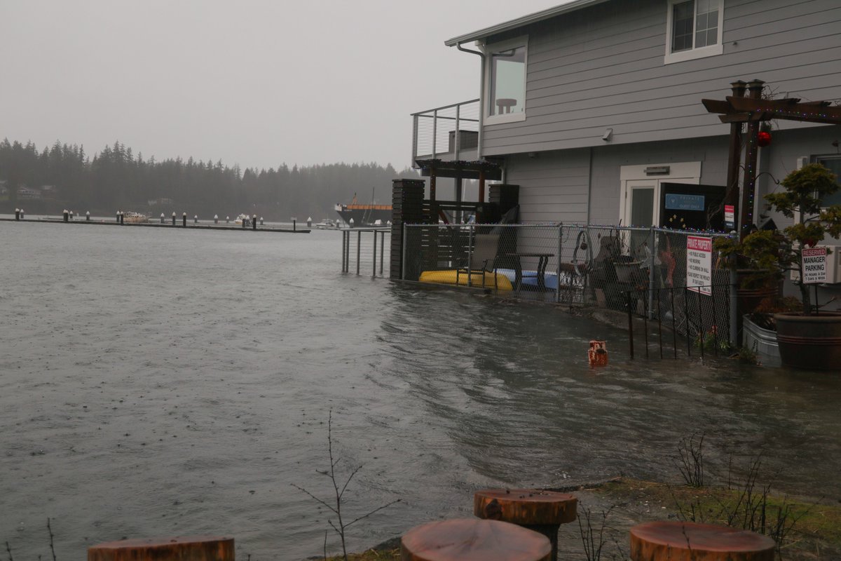 WNCrim's tweet photo. Hood Canal flooding at Seabeck Bay during King tide.  Hood Canal overflowed Seabeck Hwy, flooded lower level of stores and picnic area.  #Kitsap58 @NWSSeattle https://t.co/auAQG7KkgS