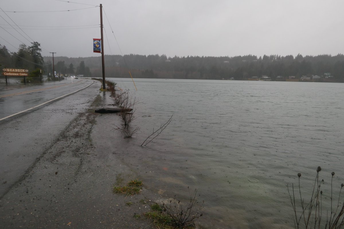 WNCrim's tweet photo. Hood Canal flooding at Seabeck Bay during King tide.  Hood Canal overflowed Seabeck Hwy, flooded lower level of stores and picnic area.  #Kitsap58 @NWSSeattle https://t.co/auAQG7KkgS