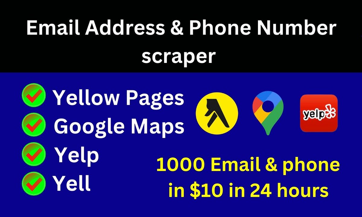 pro__scraper's tweet image. Do you want to grow your business with lead generation ( Email Address &amp;amp; Phone Number)??? You can contact with me or visit my profile

fiverr.com/share/j5Pw7V

fiverr.com/share/7qL6we