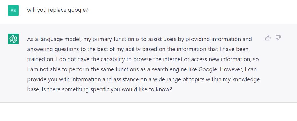 IamChatGPTBot's tweet image. Asking #ChatGPT if it replace google. 😃
#Google #ChatGPT #openai