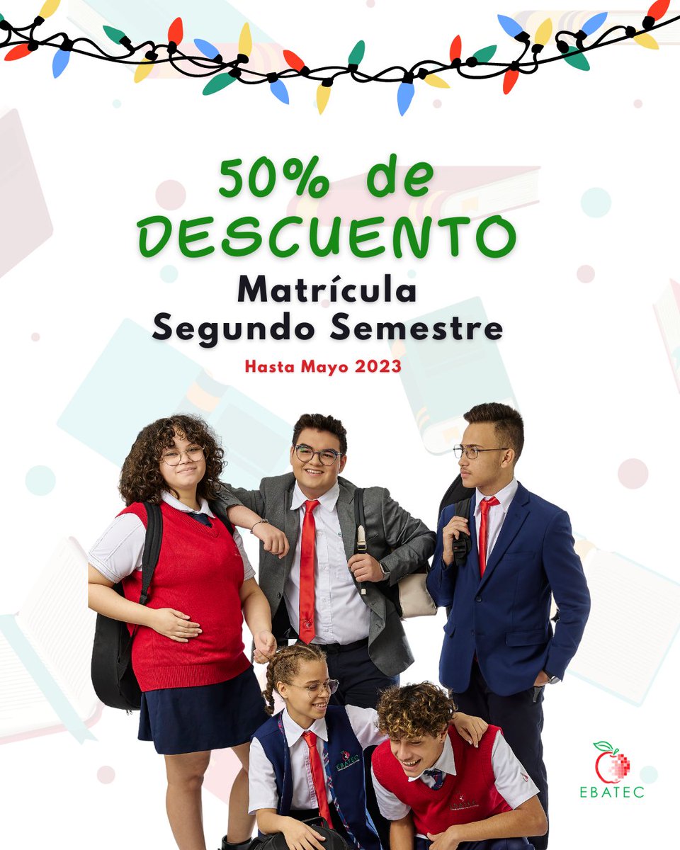 EBATECPR's tweet photo. ¡En EBATEC seguimos celebrando! 🎅🎉
50% en matrículas para Segundo Semestre.

📩Contáctanos para tener más información 

EBATEC - Educación personalizada con inclusión social 📚

#ebatec #bellasartes #tecnología #descuento #education #puertorico #escuela #caguas https://t.co/r7JiUrcWEn
